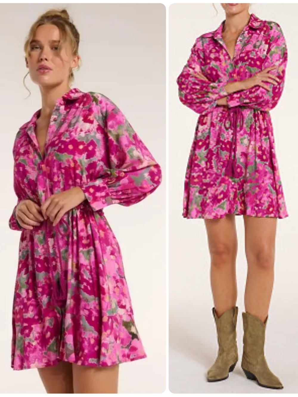 Hermoza Rebecca Viscose Collared V-Neck Floral Long-Sleeve Shirt Dress NWT $238